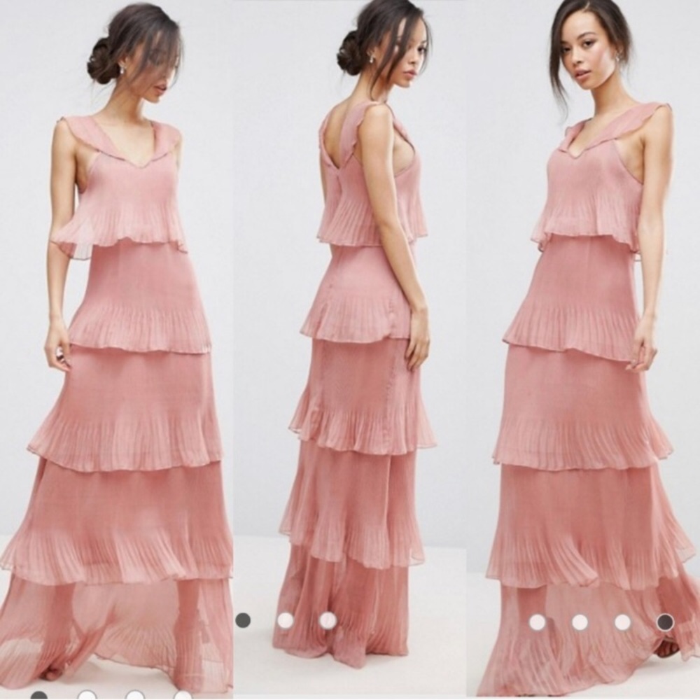 Occasion tiered pleated cold shoulder maxi dress